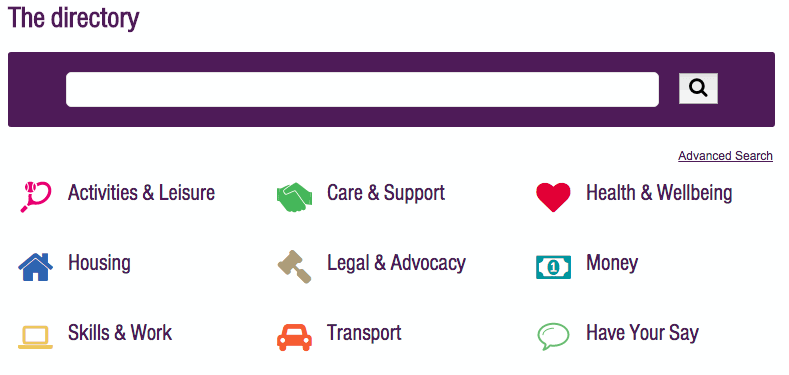 Screenshot of Southwark Wellbeing Hub website search bar and category icons