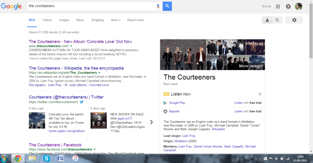 Screenshot of Google search for Courteeners