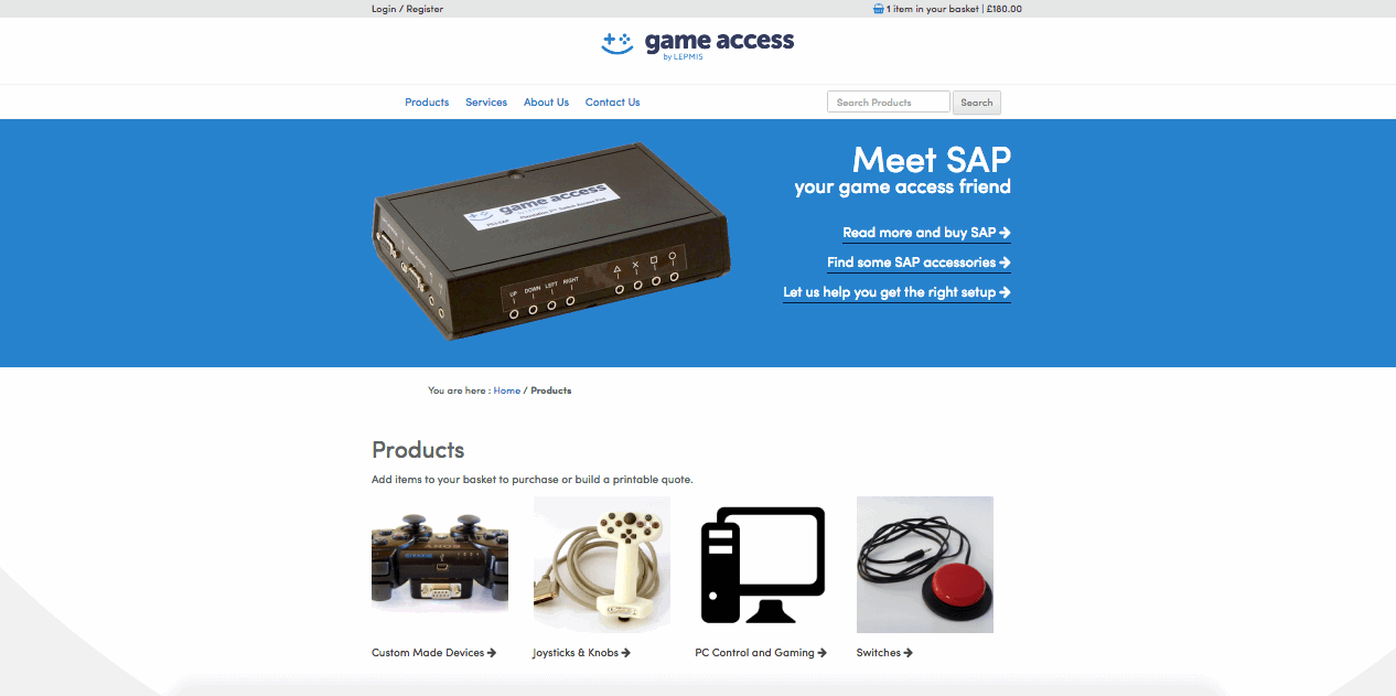 Screenshot of previous site, products page.