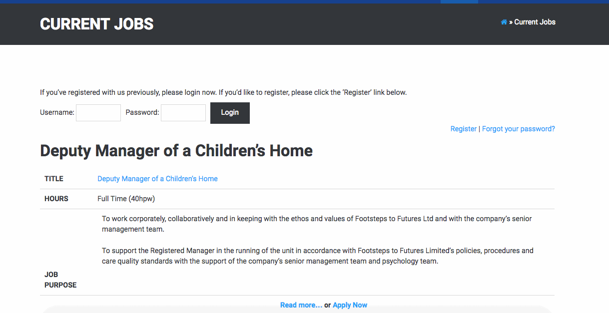 Job section screenshot of Footsteps to Futures website