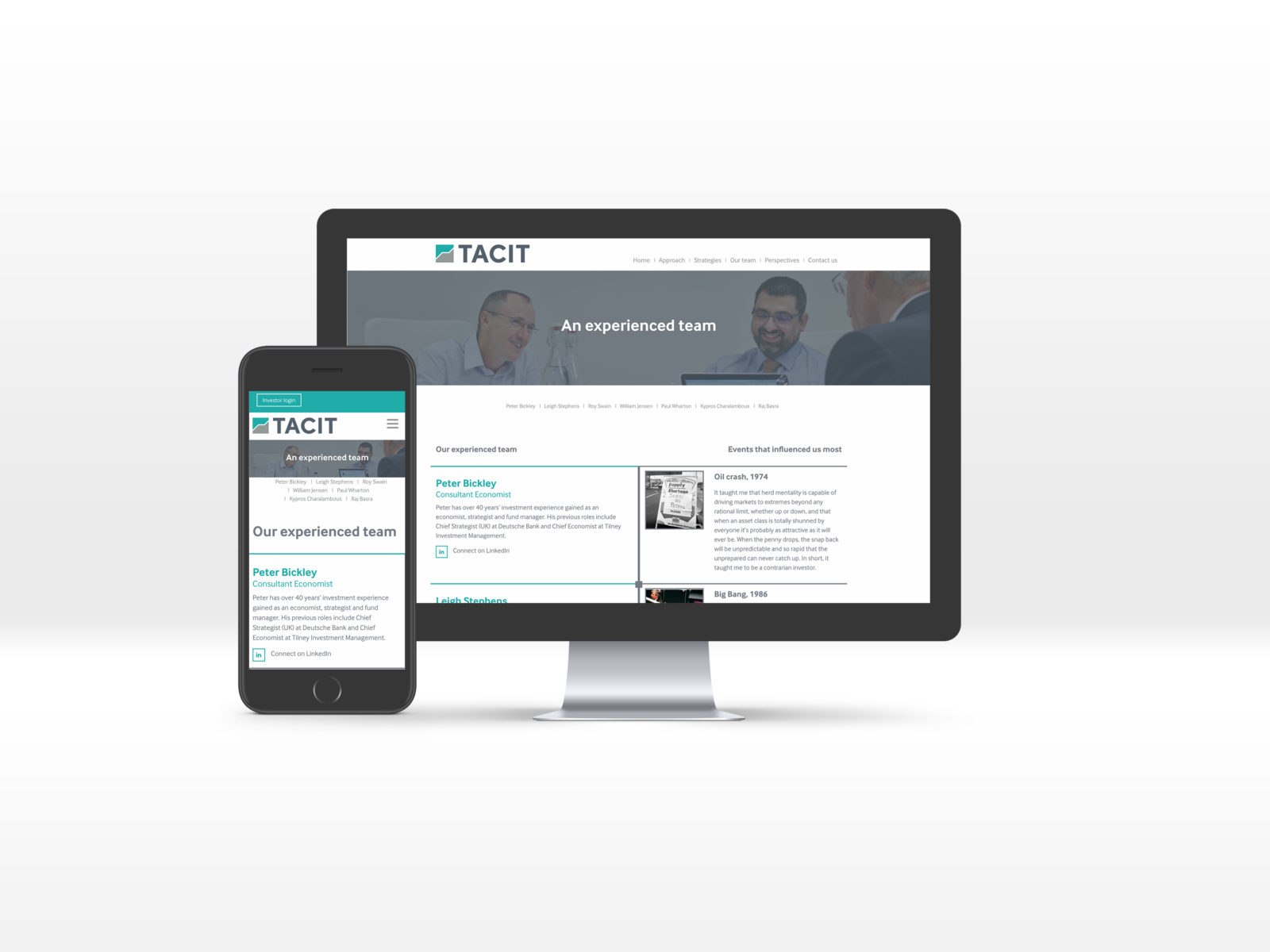 Tacit team page shown on desktop computer and mobile phone