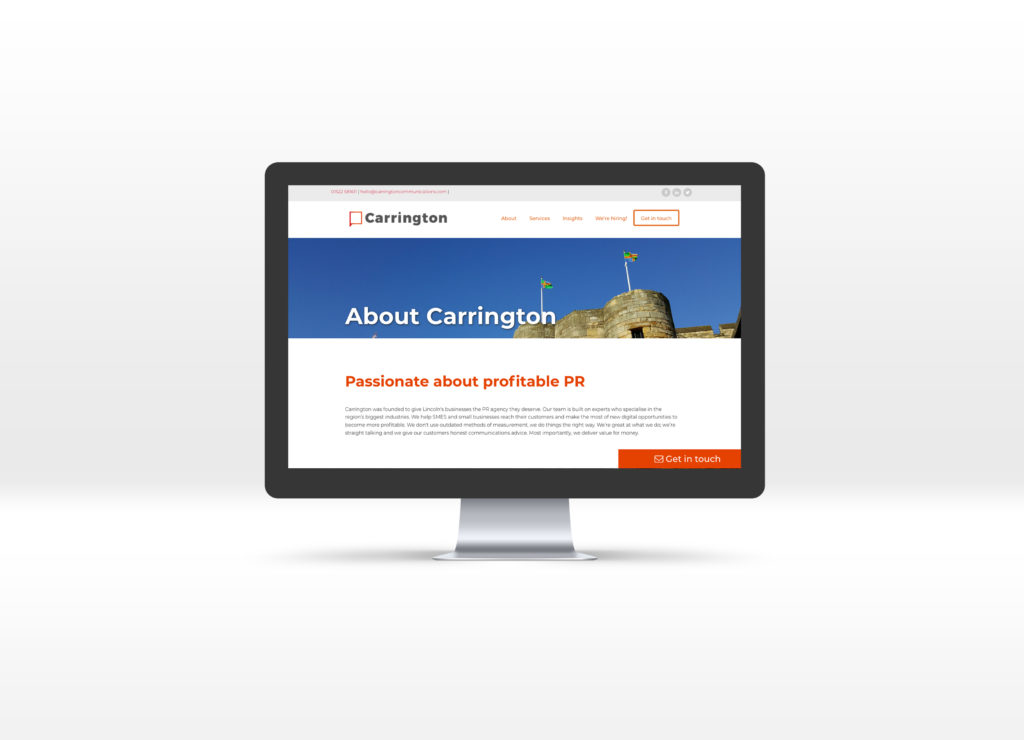Carrington Communications About page displayed on a Mac desktop computer