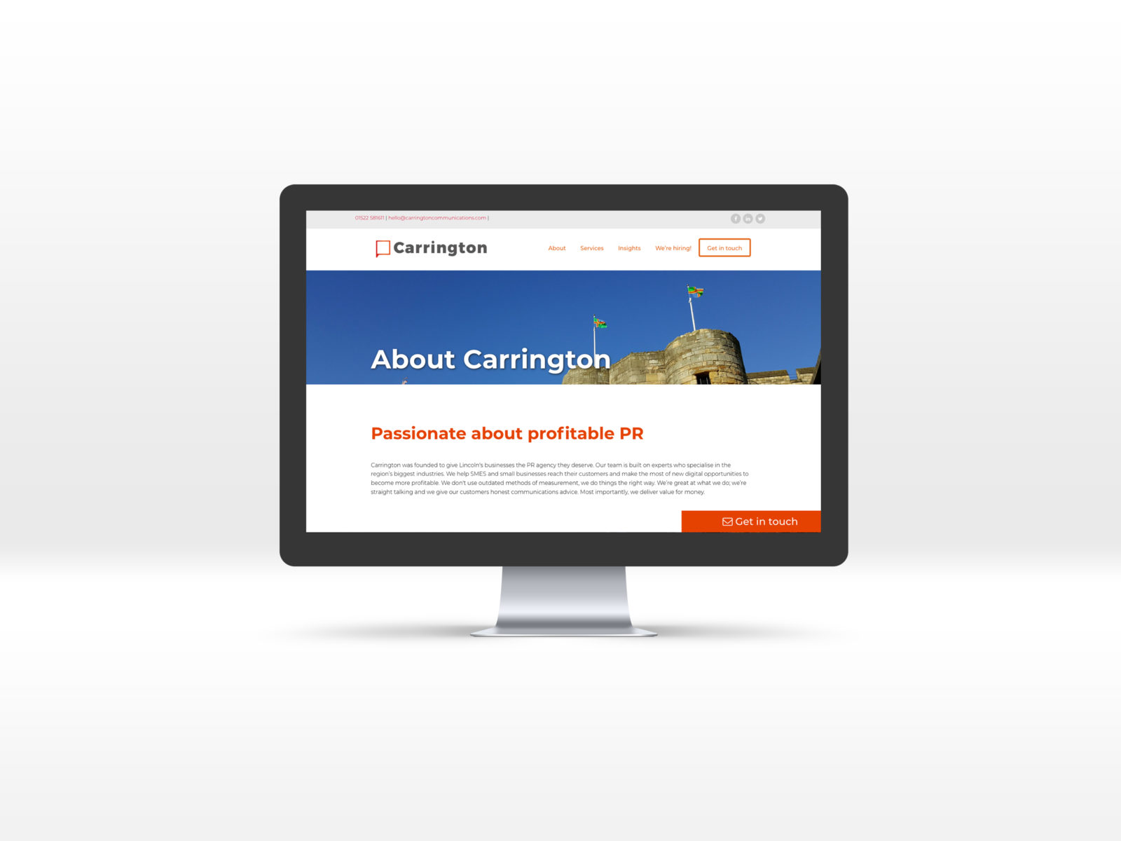 Carrington Communications About page displayed on a Mac desktop computer