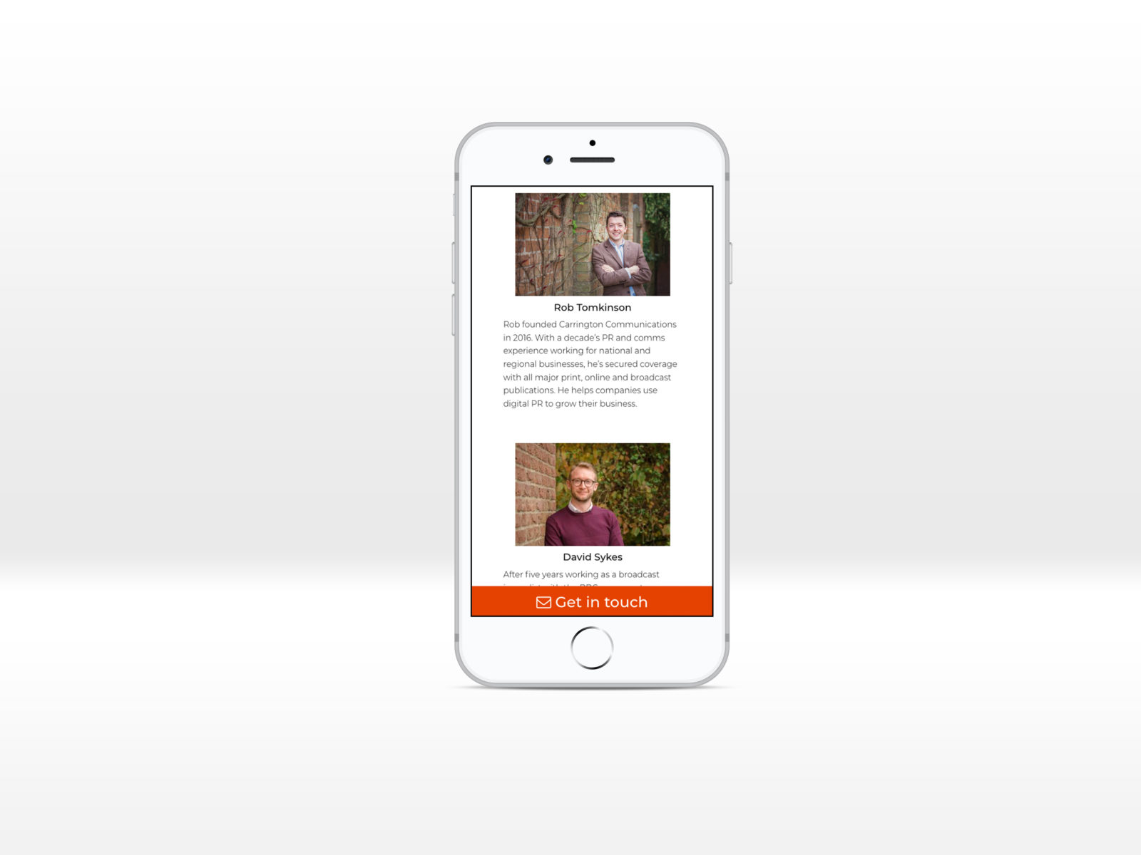 Carrington Communications Team page displayed on an iPhone