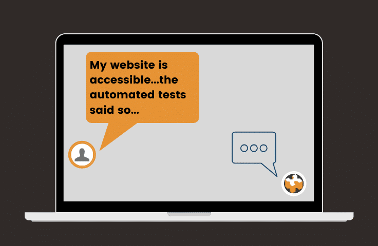 Chat screen showing someone saying "My website is accessible, the automated tests said so" and an icon of HeX replying