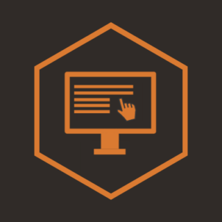 an orange hexagon with a desktop monitor icon inside it