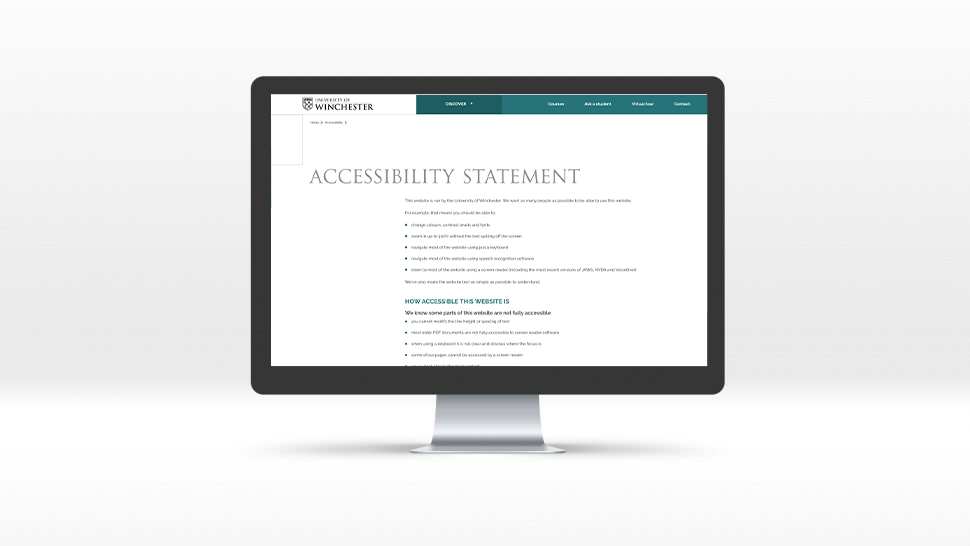 the University of Winchester's website, displaying their accessibility statement 