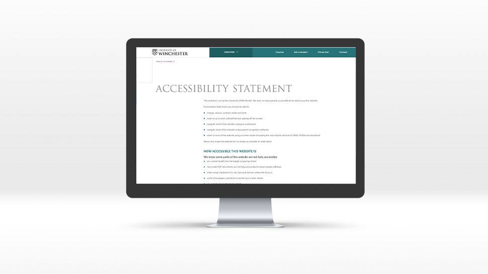 the University of Winchester's website, displaying their accessibility statement