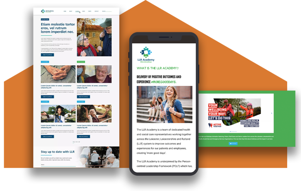 the LLR home page shown as a full page, as a mobile phone user, and a striking green call-to-action box
