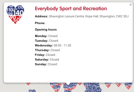 An example of a blood pressure testing location highlighting the address and opening times