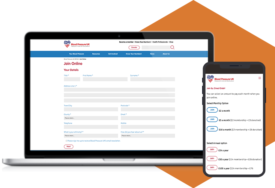 a laptop and mobile phone displaying the donation feature on the Blood Pressure UK website.