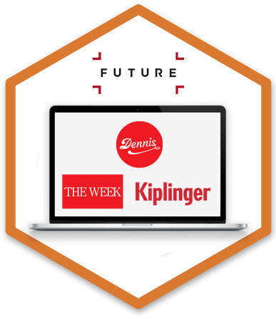 a laptop screen has logos for Futures, Dennis Publishing, The Week and Kiplinger displayed on the screen