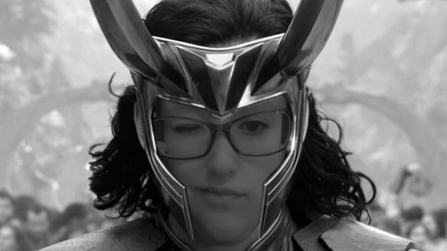 Work experience placement Emily, with her face photoshopped onto Marvel Loki 's body