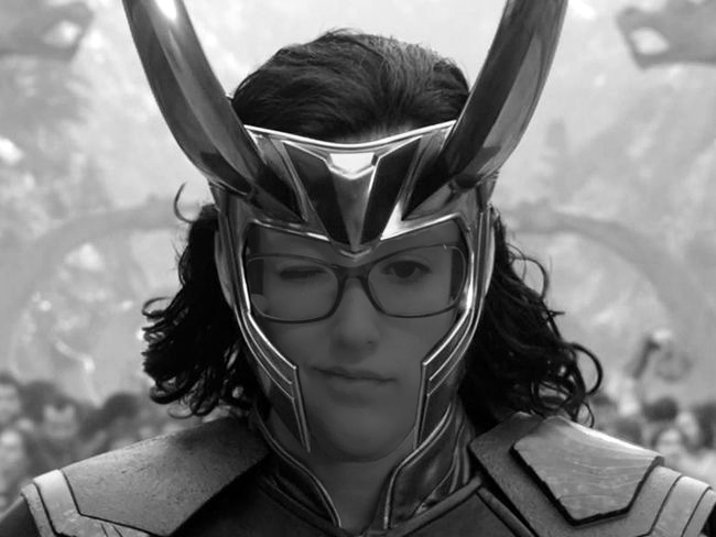Work experience placement, Emily, with her face photoshopped onto Marvel Loki's body. 