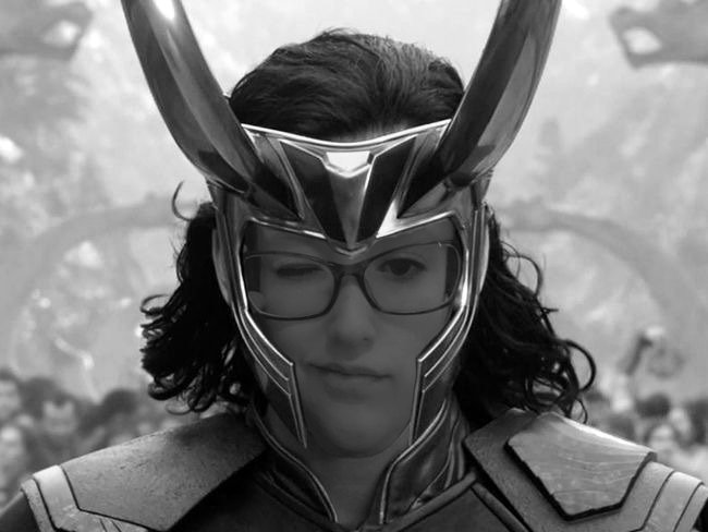 Work experience placement, Emily, with her face photoshopped onto Marvel Loki's body.