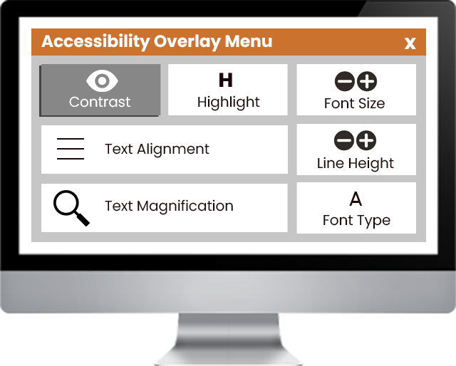 a desktop monitor with an accessibility menu overlay example, featuring items such as text magnification, alignment, and zoom options.