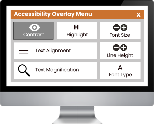 a desktop monitor with an accessibility overlay displayed, with items such as text magnification and highlight features