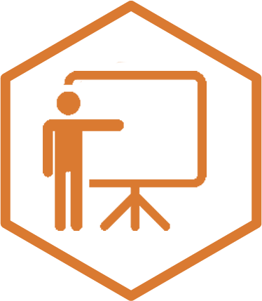 a presentation icon within an orange hexagon 