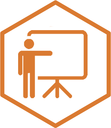 a presentation icon within an orange hexagon