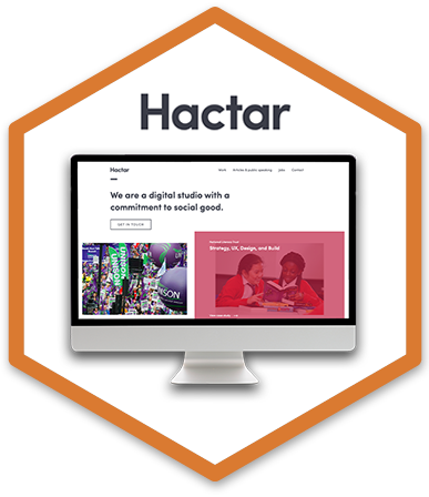 a desktop monitor displaying the Hactar homepage and their logo