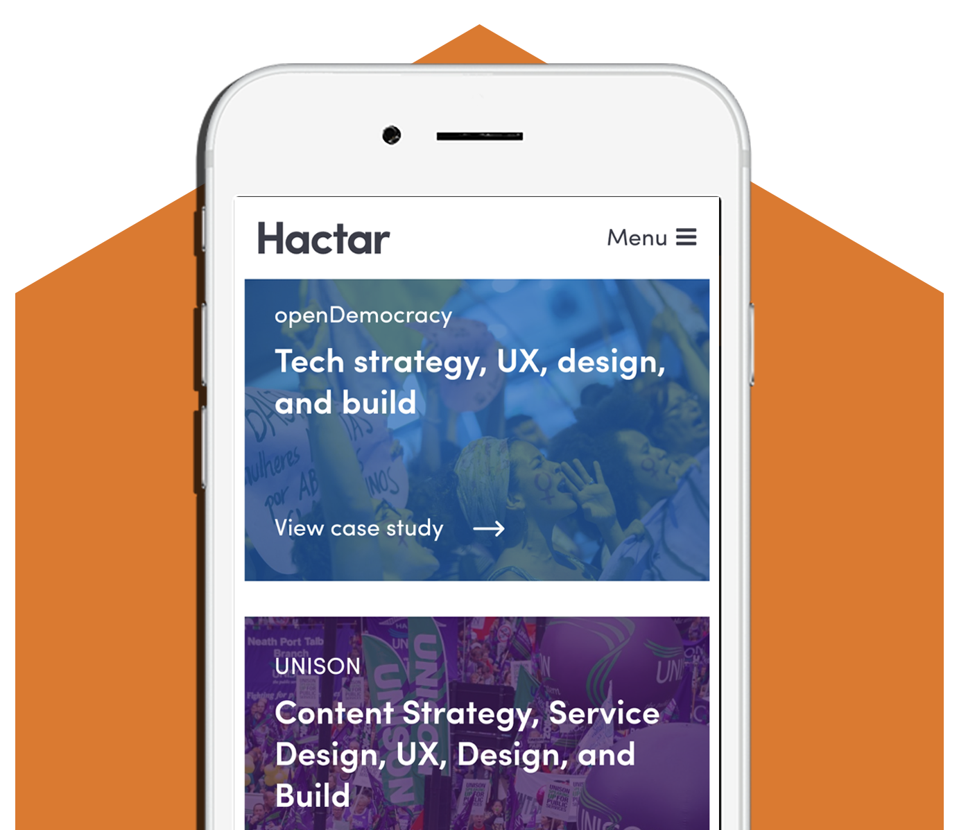 a mobile phone displaying Hactar case studies