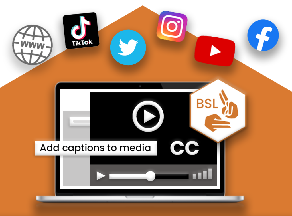 a laptop with a media player on the screen and a closed captions icon. Above the laptop are social media logos