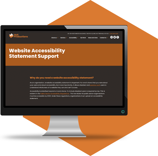 a desktop monitor displaying HeX's accessibility Statement support web page