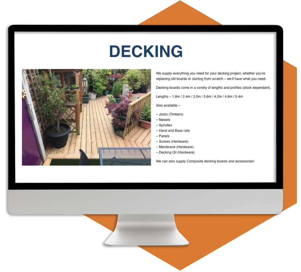 a screenshot from the decking page off the Ilkeston Ply website, displayed on a desktop monitor