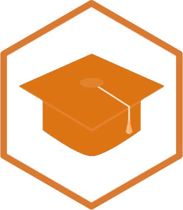 a university hat (motarboard) in an orange hexagon