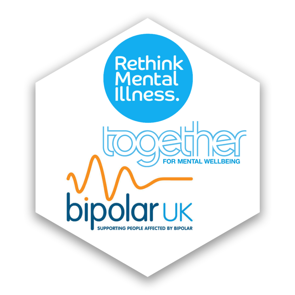 Bipolar Uk, Rethink Mental Illness, and Together logos