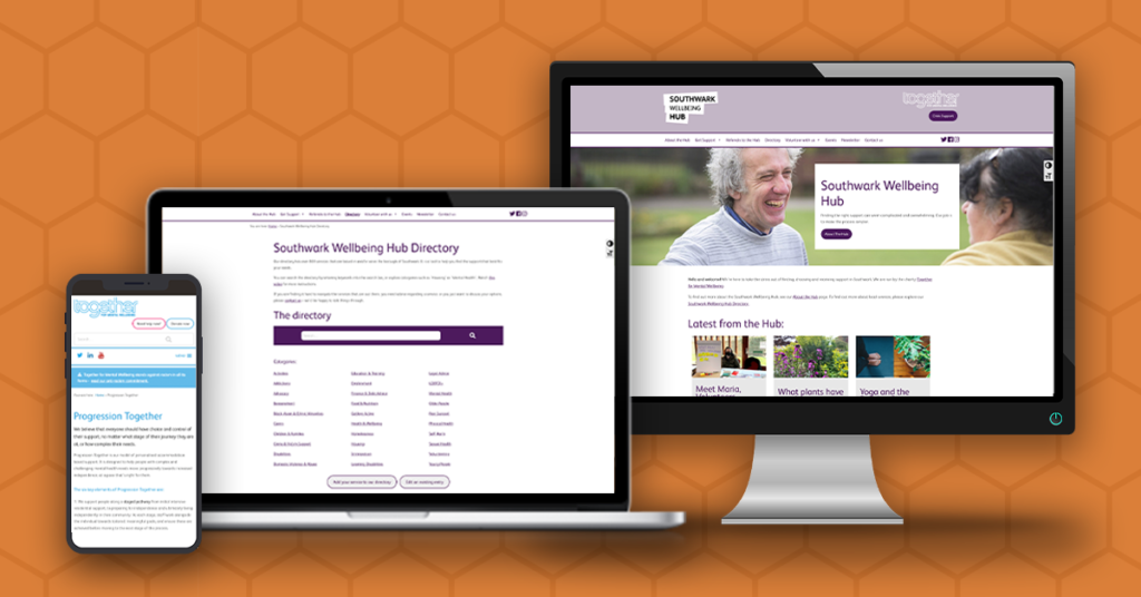 a mobile phone displaying the Progression Together microsite, a laptop displaying the Southwark Service Directory, and a desktop computer showing the homepage of the Southwark Hub