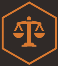 a law icon weighing scales within a orange hexagon