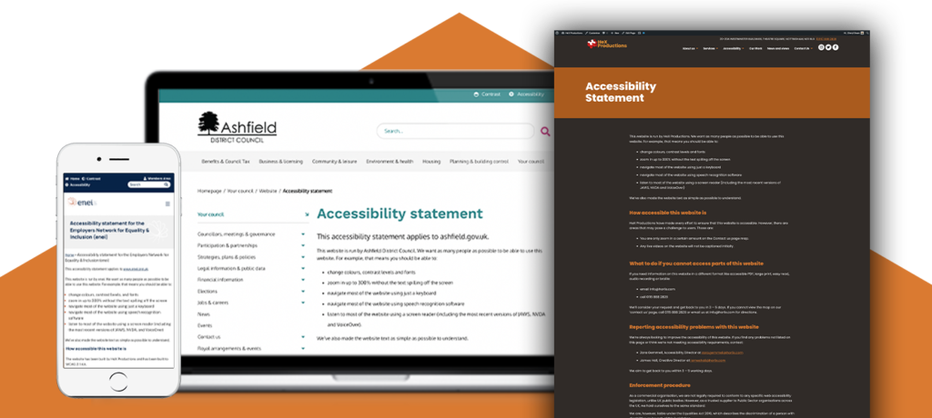 examples of how to write an accessibility statement, the image shows the HeX, Ashfield District Council, and enei Accessibility Statement web pages