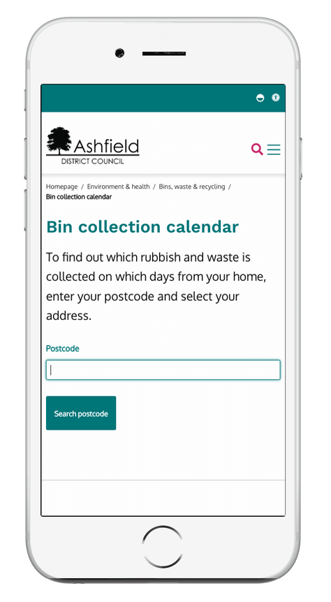 Ashfield' bin collection calendar displayed on a mobile phone