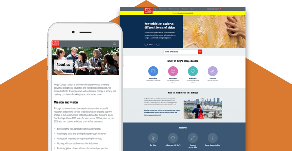 KCL home page displayed on a mobile phone