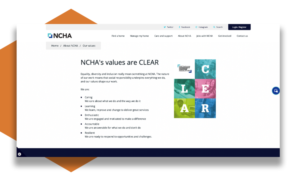 a screenshot of the NCHA values web page