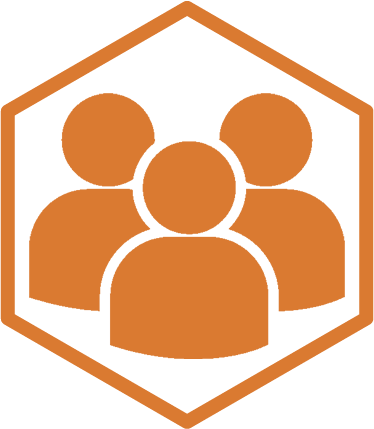 a people icon, with three orange outlines of team members