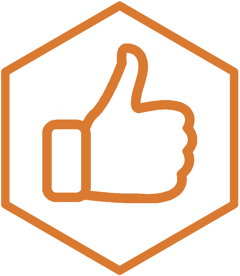 orange hexagon with a thumbs up icon inside