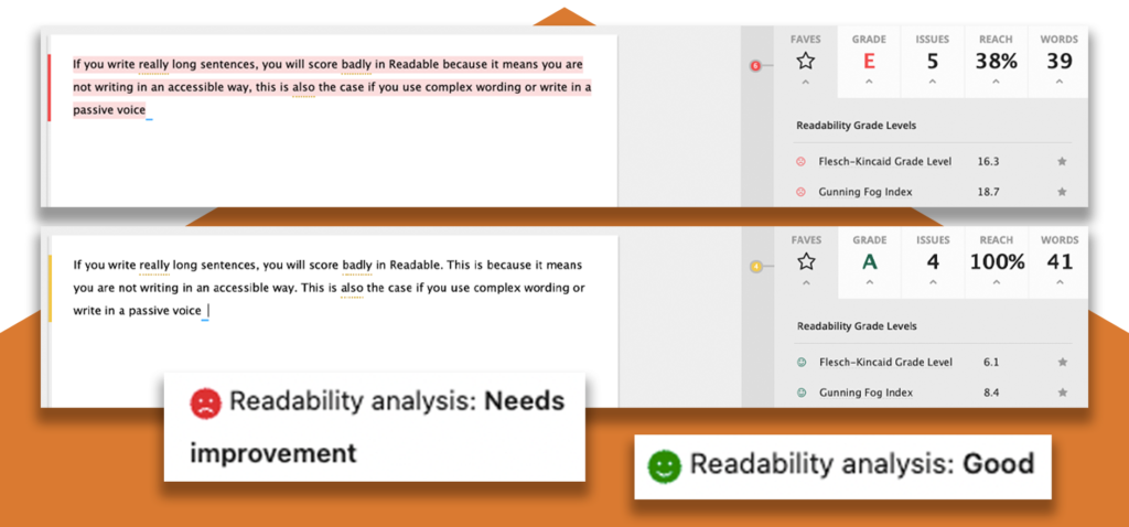 a screen shot of good and bad readability scores