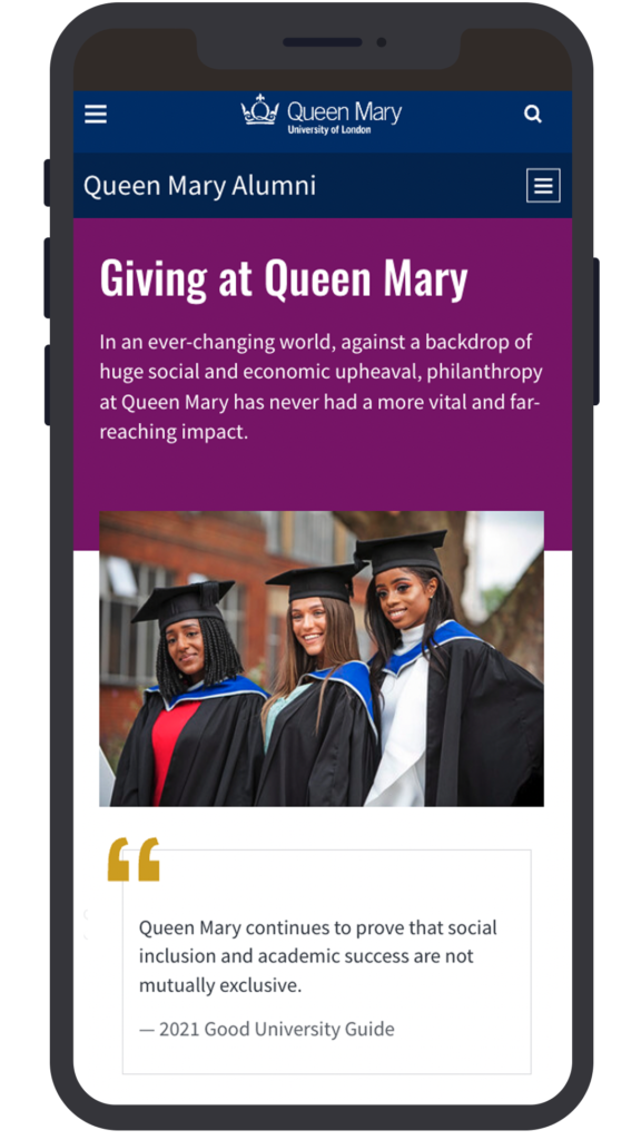 a mobile phone displaying the QMUL alumni giving page
