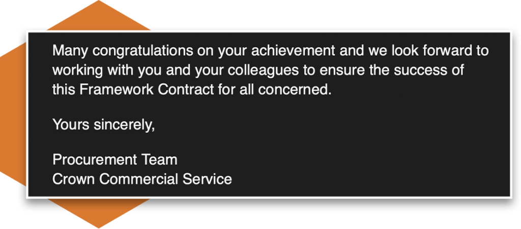 HeX's congratulatory letter from the Procurement Team at the Crown Commercial Service