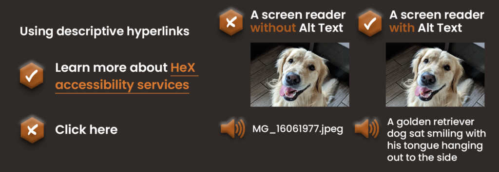 examples of good and bad colour descriptive hyperlinks - one saying click here and the other reading 'learn more about HeX. Next to an example on the use of alt text, this has a picture of a dog, a bad example reads out "IMG_16061977 and the good example reads "a golden retriever sat smiling with his tongue hanging out"