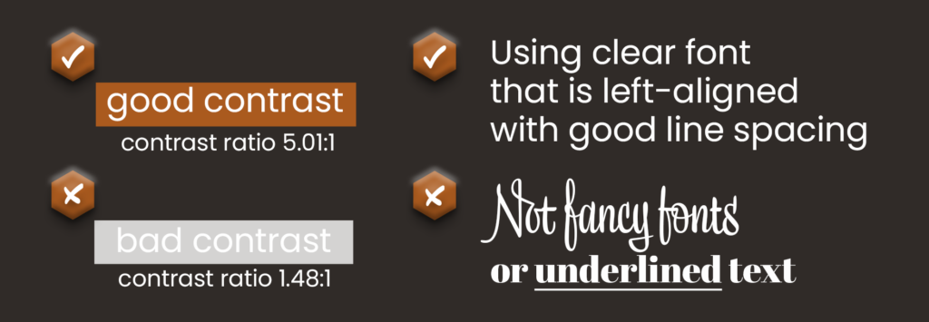 examples of good and bad colour contrast ratios and the use of clear font vs fancy fonts
