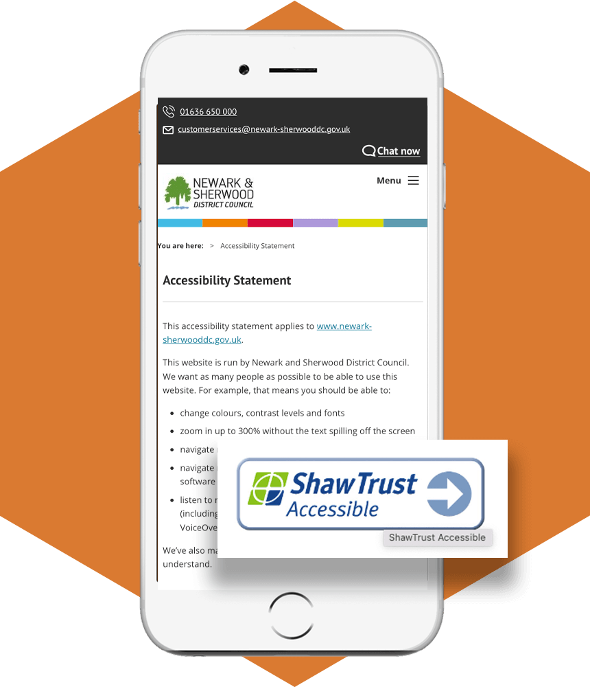 a mobile phone displaying the NSDC accessibility statement and Shaw Trust accreditation
