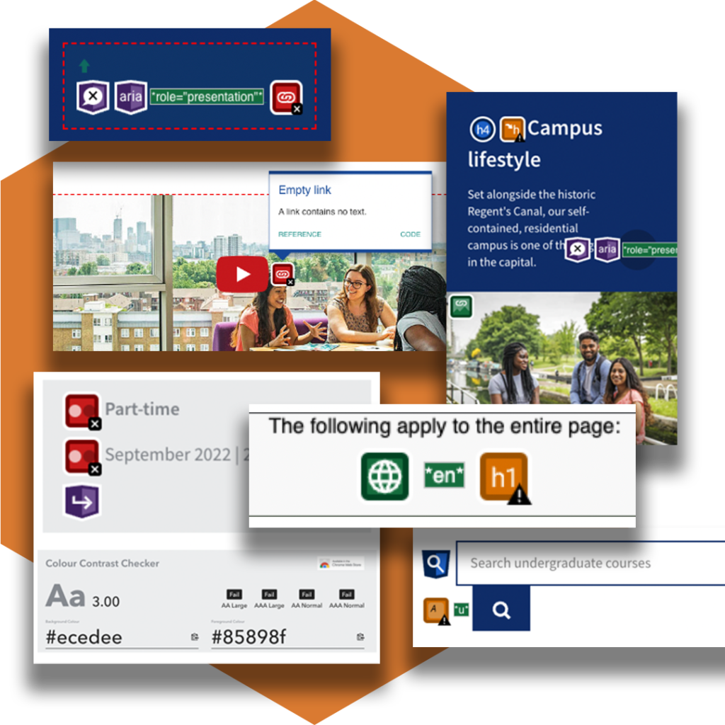 screen shots of QMUL's accessibility errors discovered on an audit test