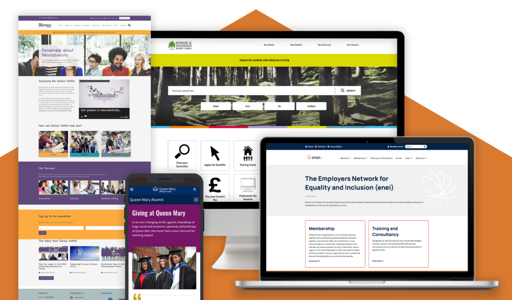 four HeX-built websites (enei, Queen Mary University London, Genius Within, Newark & Sherwood District Council), displayed on different devices.
