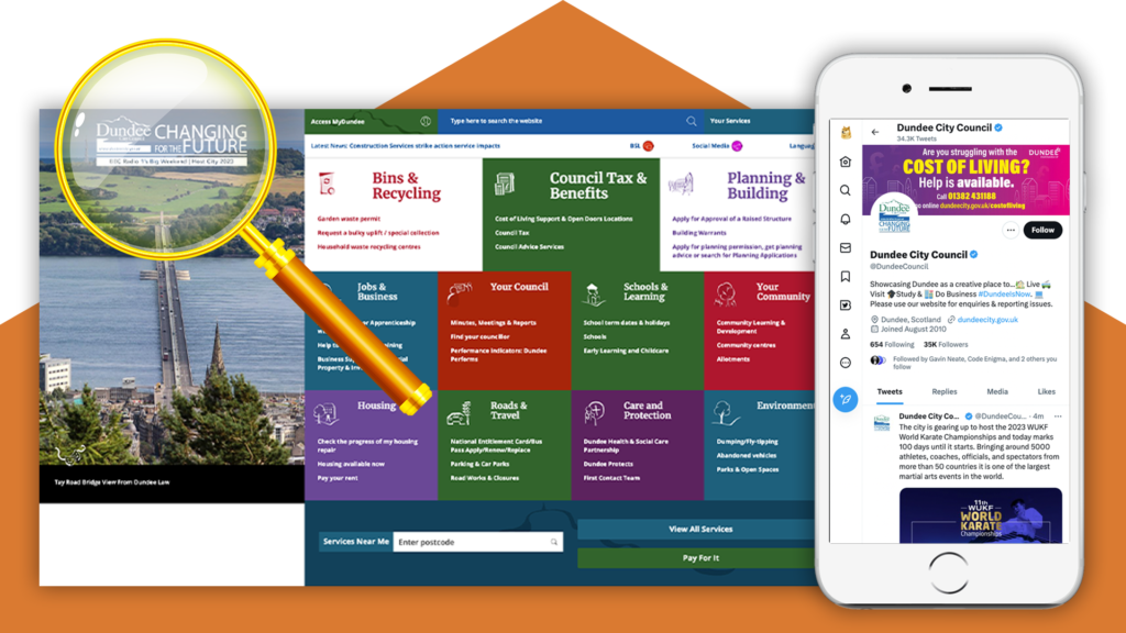 the Dundee City Council home page with a magnifying glass over their logo. Next to this is a mobile phone displaying their Twitter account