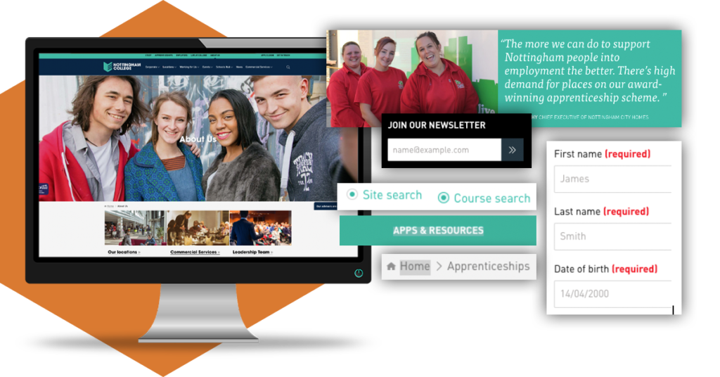 a desktop monitor showing the new Nottingham College website, next to this were key accessibility errors discovered