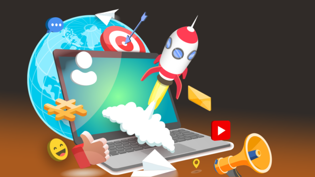 a laptop with a rocket launching out of it. Surrounding the laptop is a globe, next to floating symbols such as hashtags, smiling emojis, a megaphone, media player files, facebook like thumbs up, and speech bubbles.