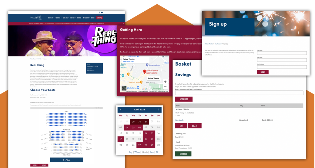 examples of the theatre's API integration, showcasing seat booking, calendars, payment portals, Google maps, and sign up forms